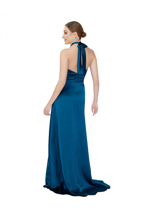 Bleu paon Trapèze Licou Satiné Soyeux Longue Formelles Robes demoiselle d'honneur / Robes de soirée / Robes de bal à Bas Prix