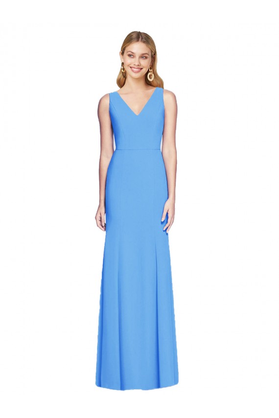 Bleu paon Trompette Col V Crêpe Stretch Longue Robes demoiselle d'honneur / Robes de bal à Bas Prix