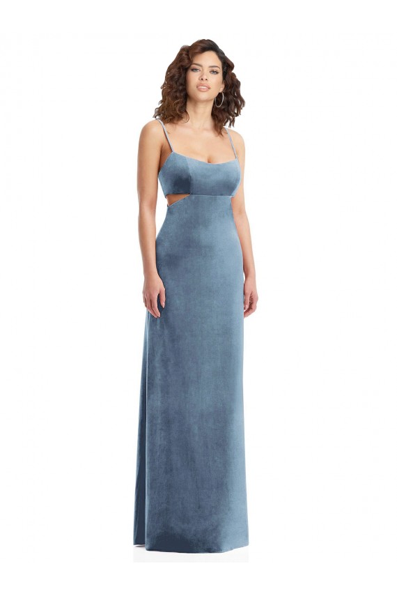 Bleu poussiéreux Fourreau Col Carré Velours Stretch Longue Formelles Robes demoiselle d'honneur / Robes de soirée / Robes de bal à Bas Prix