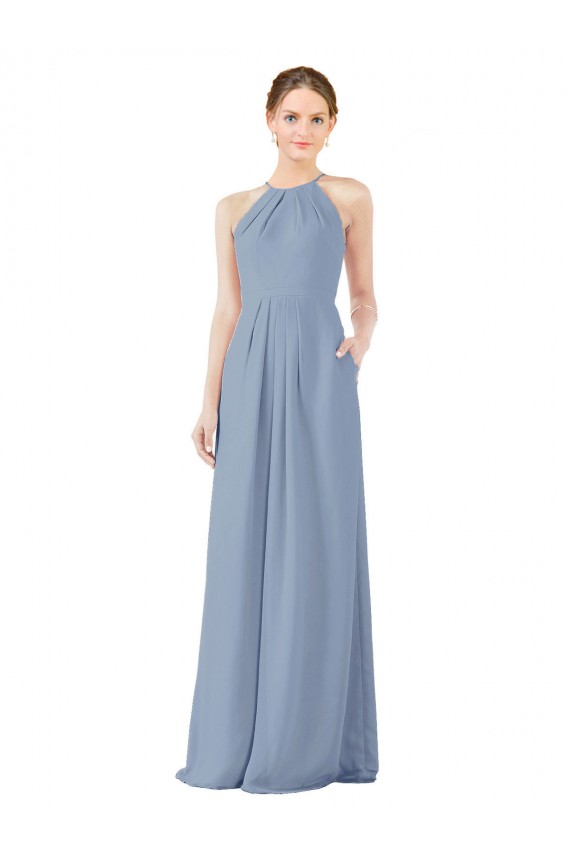 Bleu poussiéreux Fourreau Licou Col Haut Mousseline Longue Robes demoiselle d'honneur à Bas Prix