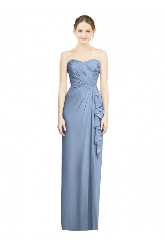 Bleu poussiéreux Fourreau Sans bretelle Mousseline Longue Robes demoiselle d'honneur à Bas Prix