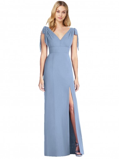 Bleu poussiéreux Sirène Col V Mousseline Longue Robes demoiselle d'honneur à Bas Prix