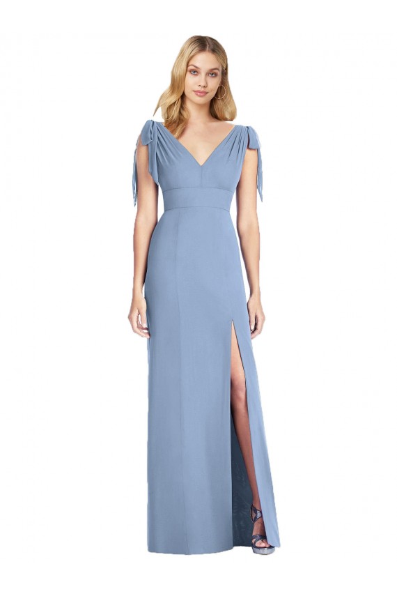 Bleu poussiéreux Sirène Col V Mousseline Longue Robes demoiselle d'honneur à Bas Prix