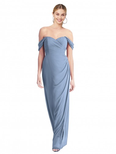 Bleu poussiéreux Sirène Épaule Dénudée Mousseline Longue Robes demoiselle d'honneur à Bas Prix