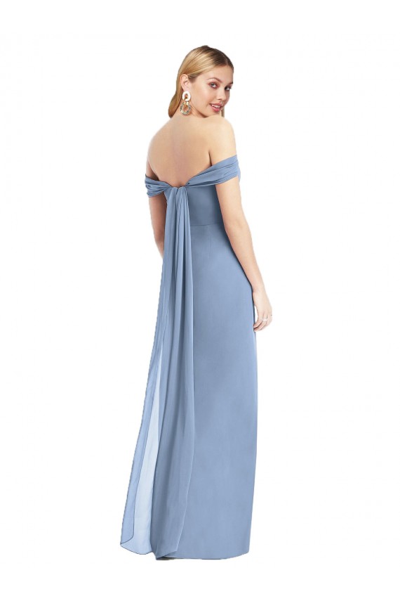 Bleu poussiéreux Sirène Épaule Dénudée Mousseline Longue Robes demoiselle d'honneur à Bas Prix