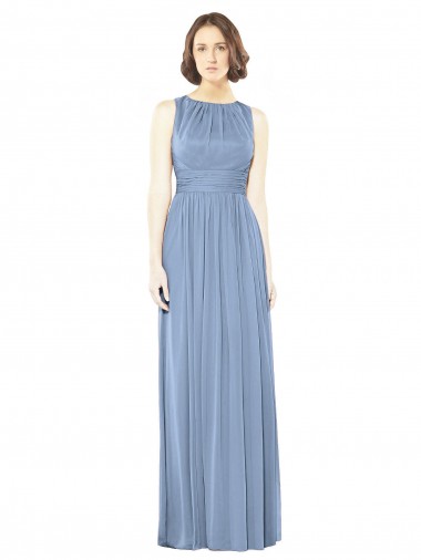 Bleu poussiéreux Trapèze Bateau Mousseline Longue Robes demoiselle d'honneur à Bas Prix