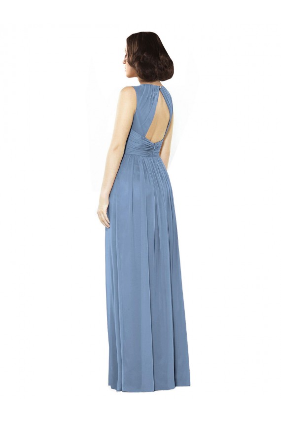 Bleu poussiéreux Trapèze Bateau Mousseline Longue Robes demoiselle d'honneur à Bas Prix