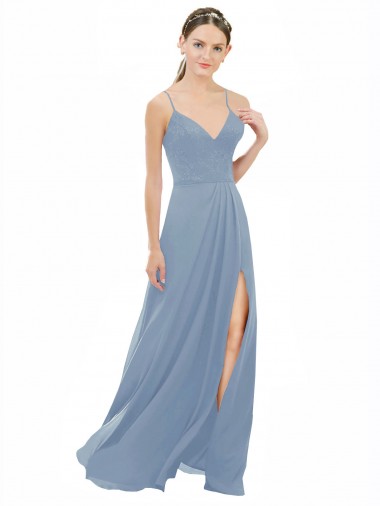 Bleu poussiéreux Trapèze Bretelles spaghetti Col V Mousseline Dentelle Longue Robes demoiselle d'honneur à Bas Prix