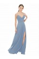 Bleu poussiéreux Trapèze Bretelles spaghetti Col V Mousseline Dentelle Longue Robes demoiselle d'honneur à Bas Prix