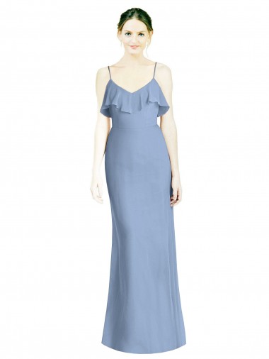 Bleu poussiéreux Trapèze Bretelles spaghetti Col V Mousseline Longue Robes demoiselle d'honneur à Bas Prix