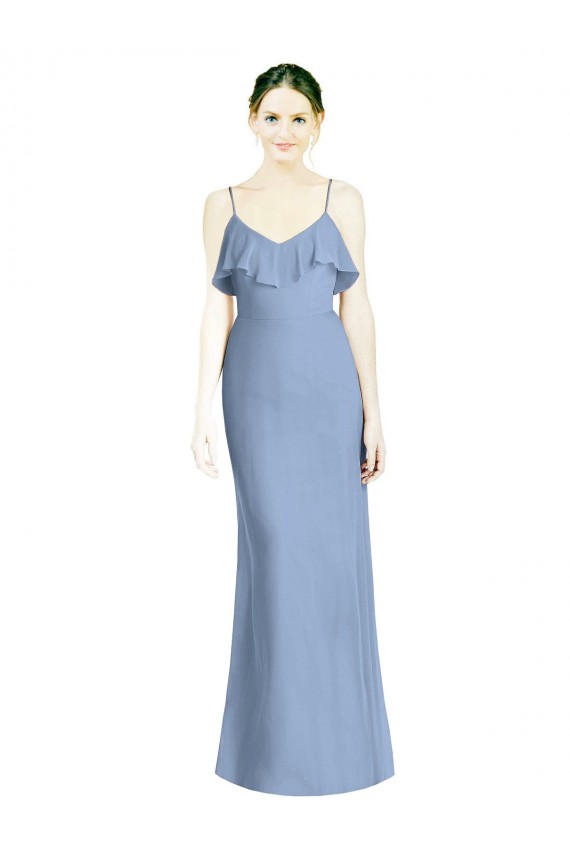 Bleu poussiéreux Trapèze Bretelles spaghetti Col V Mousseline Longue Robes demoiselle d'honneur à Bas Prix