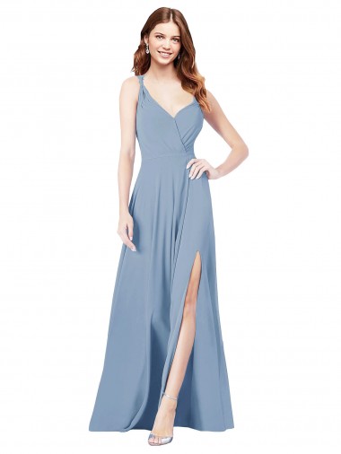 Bleu poussiéreux Trapèze Bretelles spaghetti Col V Mousseline Longue Robes demoiselle d'honneur à Bas Prix