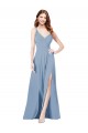 Bleu poussiéreux Trapèze Bretelles spaghetti Col V Mousseline Longue Robes demoiselle d'honneur à Bas Prix