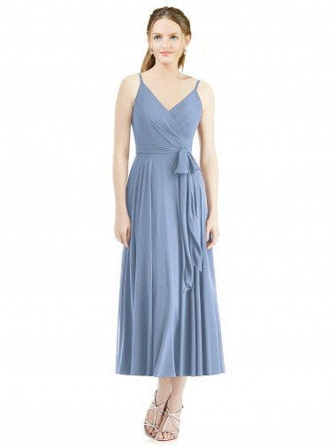 Bleu poussiéreux Trapèze Bretelles spaghetti Mousseline Courte Robes demoiselle d'honneur à Bas Prix