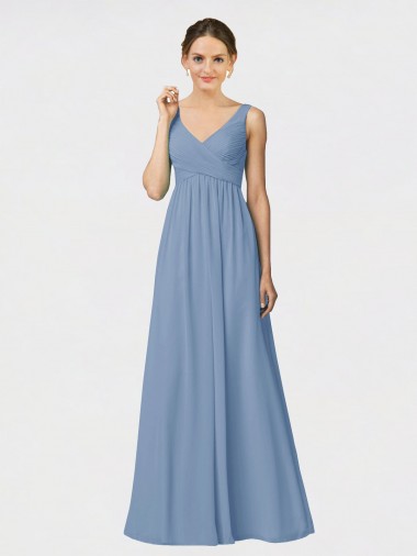 Bleu poussiéreux Trapèze Bretelles spaghetti Mousseline Longue Robes demoiselle d'honneur à Bas Prix