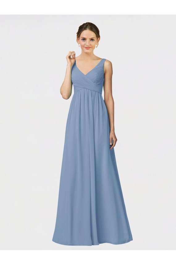 Bleu poussiéreux Trapèze Bretelles spaghetti Mousseline Longue Robes demoiselle d'honneur à Bas Prix