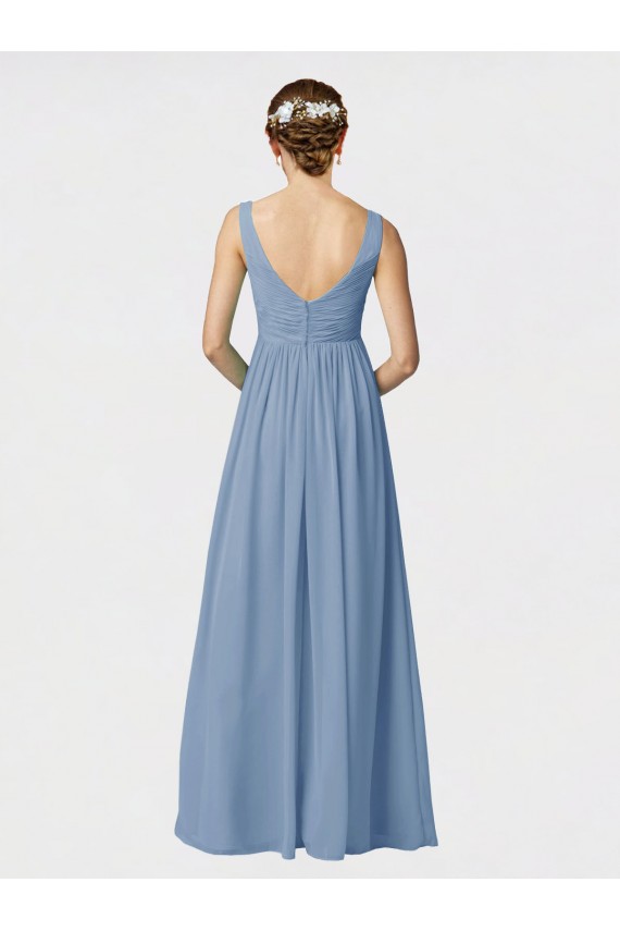 Bleu poussiéreux Trapèze Bretelles spaghetti Mousseline Longue Robes demoiselle d'honneur à Bas Prix