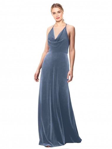 Bleu poussiéreux Trapèze Bretelles spaghetti Velours Stretch Longue Robes demoiselle d'honneur / Robes de bal à Bas Prix