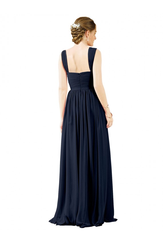 Bleu poussiéreux Trapèze Col Carré Mousseline Longue Robes demoiselle d'honneur à Bas Prix