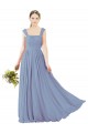 Bleu poussiéreux Trapèze Col Carré Mousseline Longue Robes demoiselle d'honneur à Bas Prix