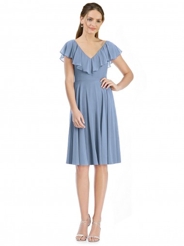 Bleu poussiéreux Trapèze Col V Mousseline Courte Robes demoiselle d'honneur à Bas Prix