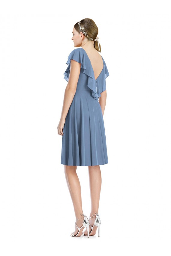 Bleu poussiéreux Trapèze Col V Mousseline Courte Robes demoiselle d'honneur à Bas Prix