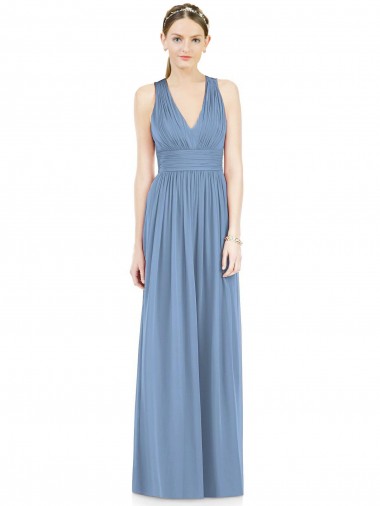 Bleu poussiéreux Trapèze Col V Mousseline Longue Robes demoiselle d'honneur à Bas Prix