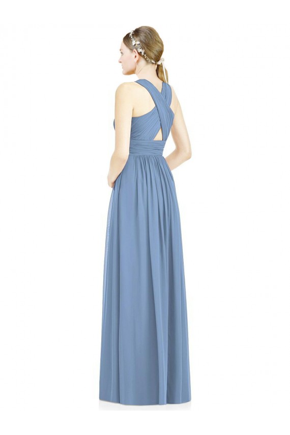 Bleu poussiéreux Trapèze Col V Mousseline Longue Robes demoiselle d'honneur à Bas Prix