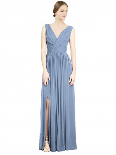 Bleu poussiéreux Trapèze Col V Mousseline Longue Robes demoiselle d'honneur à Bas Prix