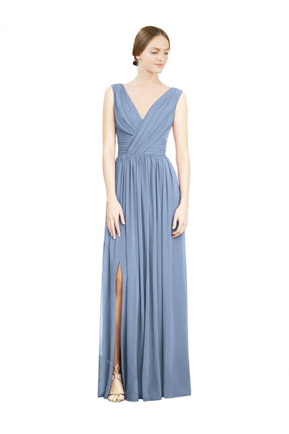Bleu poussiéreux Trapèze Col V Mousseline Longue Robes demoiselle d'honneur à Bas Prix