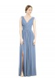 Bleu poussiéreux Trapèze Col V Mousseline Longue Robes demoiselle d'honneur à Bas Prix