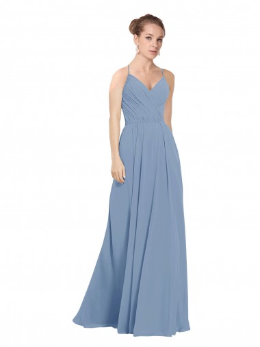 Bleu poussiéreux Trapèze Col V Mousseline Longue Robes demoiselle d'honneur à Bas Prix