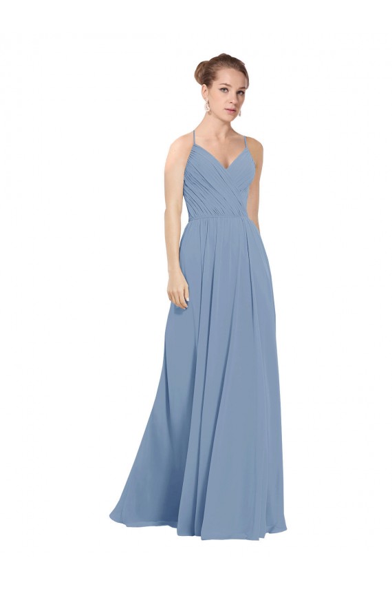 Bleu poussiéreux Trapèze Col V Mousseline Longue Robes demoiselle d'honneur à Bas Prix