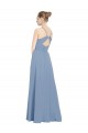 Bleu poussiéreux Trapèze Col V Mousseline Longue Robes demoiselle d'honneur à Bas Prix