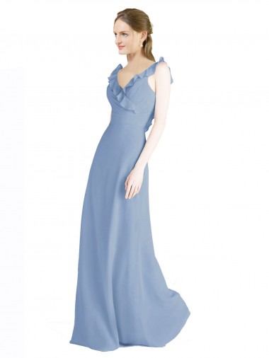 Bleu poussiéreux Trapèze Col V Mousseline Longue Robes demoiselle d'honneur à Bas Prix