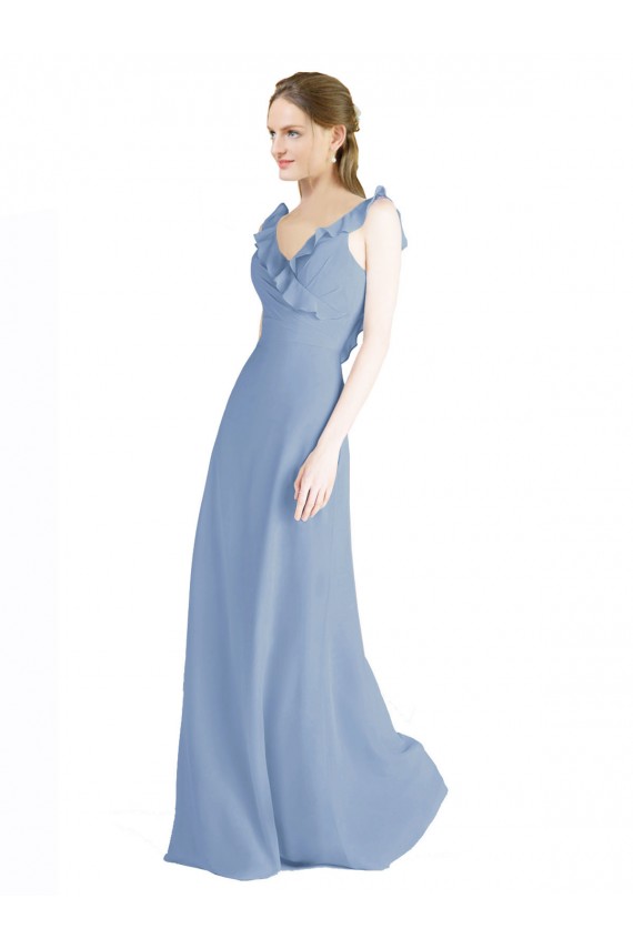 Bleu poussiéreux Trapèze Col V Mousseline Longue Robes demoiselle d'honneur à Bas Prix