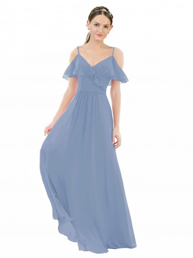Bleu poussiéreux Trapèze Col V Mousseline Longue Robes demoiselle d'honneur à Bas Prix