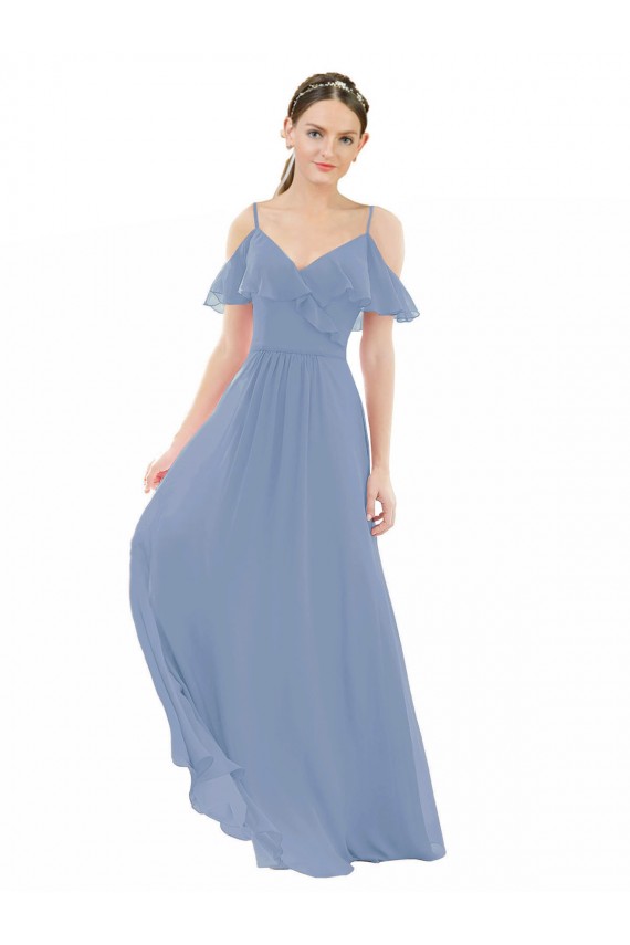 Bleu poussiéreux Trapèze Col V Mousseline Longue Robes demoiselle d'honneur à Bas Prix