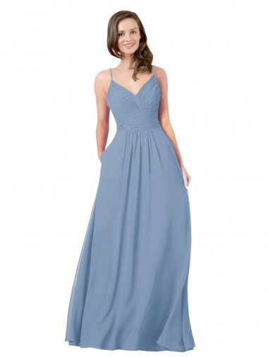 Bleu poussiéreux Trapèze Col V Mousseline Longue Robes demoiselle d'honneur à Bas Prix