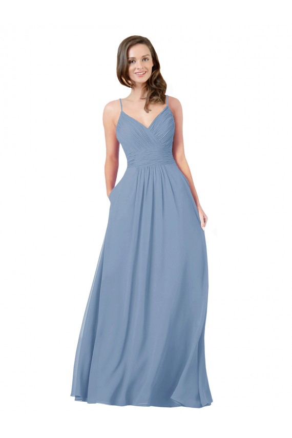 Bleu poussiéreux Trapèze Col V Mousseline Longue Robes demoiselle d'honneur à Bas Prix
