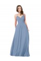Bleu poussiéreux Trapèze Col V Mousseline Longue Robes demoiselle d'honneur à Bas Prix