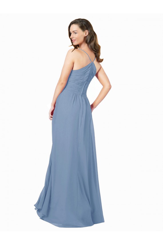 Bleu poussiéreux Trapèze Col V Mousseline Longue Robes demoiselle d'honneur à Bas Prix