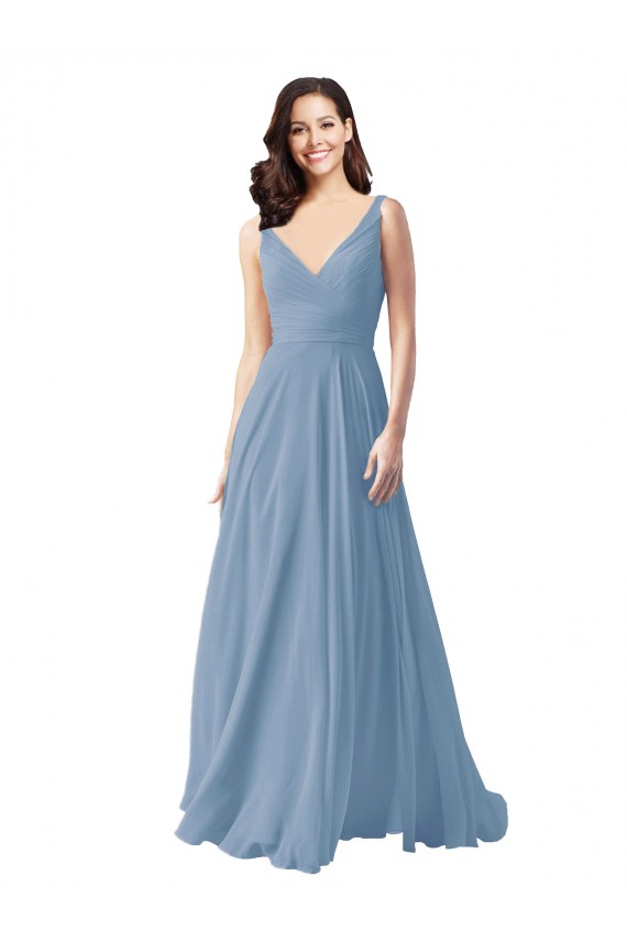 Bleu poussiéreux Trapèze Col V Mousseline Longue Robes demoiselle d'honneur à Bas Prix