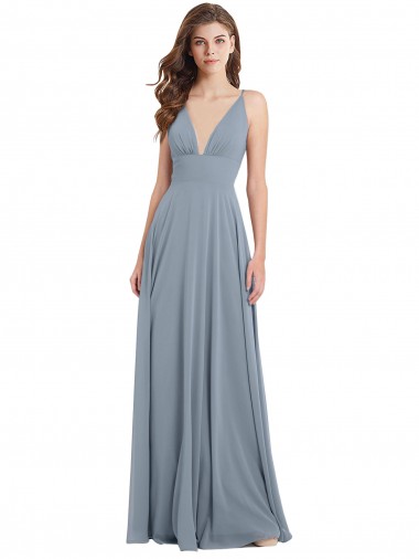 Bleu poussiéreux Trapèze Col V Mousseline Longue Robes demoiselle d'honneur à Bas Prix