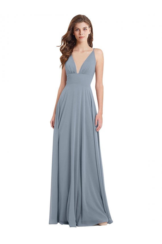 Bleu poussiéreux Trapèze Col V Mousseline Longue Robes demoiselle d'honneur à Bas Prix