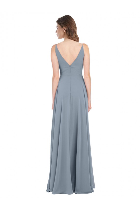 Bleu poussiéreux Trapèze Col V Mousseline Longue Robes demoiselle d'honneur à Bas Prix