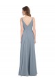 Bleu poussiéreux Trapèze Col V Mousseline Longue Robes demoiselle d'honneur à Bas Prix