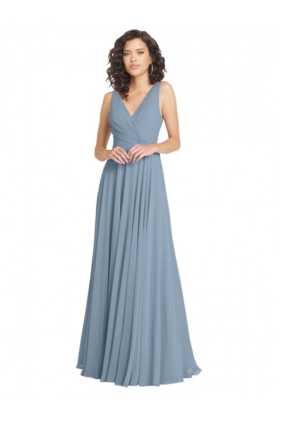 Bleu poussiéreux Trapèze Col V Mousseline Longue Robes demoiselle d'honneur à Bas Prix