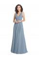 Bleu poussiéreux Trapèze Col V Mousseline Longue Robes demoiselle d'honneur à Bas Prix