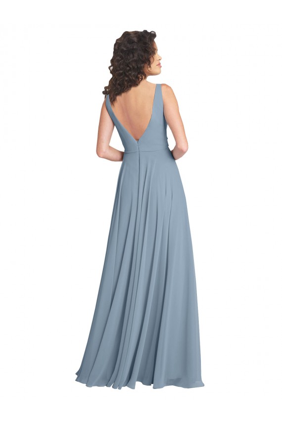 Bleu poussiéreux Trapèze Col V Mousseline Longue Robes demoiselle d'honneur à Bas Prix
